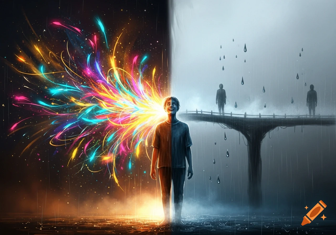 A person is split between a vibrant, colorful, exploding light on one side and a dark, rainy landscape with shadowy figures on the other.