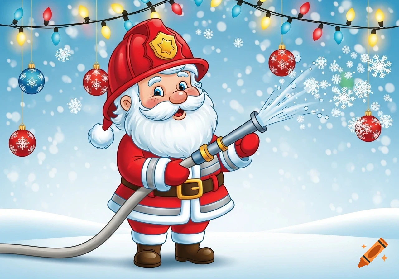 Cartoon Santa Claus in a firefighter helmet and suit sprays snowflakes from a hose. Festive winter scene.
