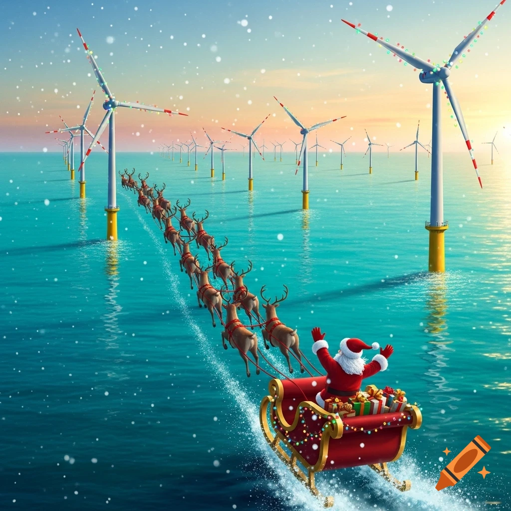 Santa Claus in a sleigh pulled by reindeer flies over a festive offshore wind farm with decorated turbines and falling snow.