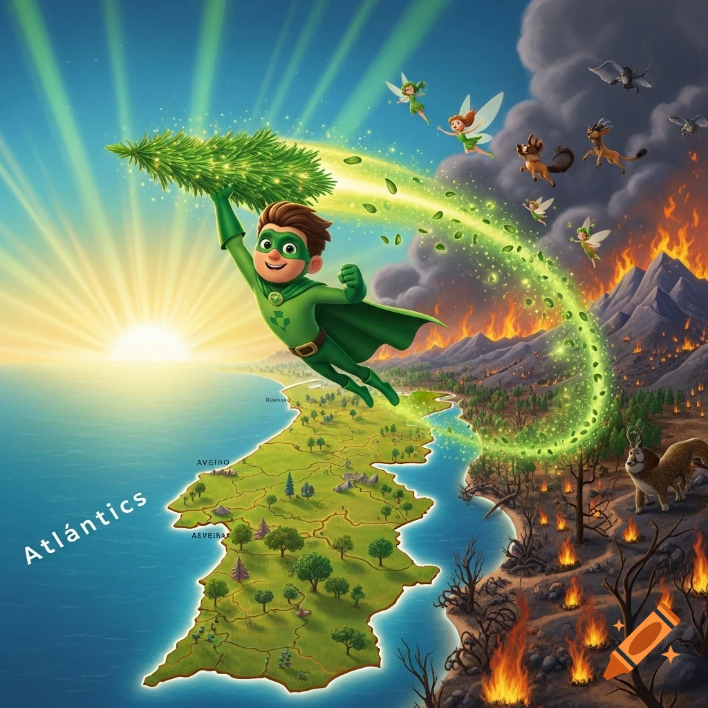 A green superhero flies over a stylized map of Portugal, carrying a glowing pine tree that trails green leaves. The left side of the map is lush and green with a sunrise, while the right side shows burning forests and mountains. Fairies and animals accompany the superhero in this Pixar-style cartoon.