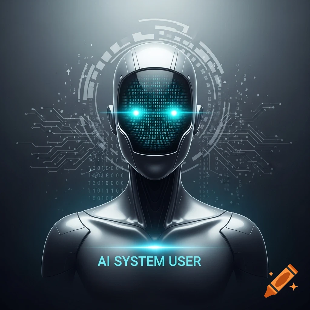 A metallic bust of an AI robot with glowing blue eyes, its face a screen of binary code, and "AI SYSTEM USER" text on its chest, against a dark, circuit-patterned background.