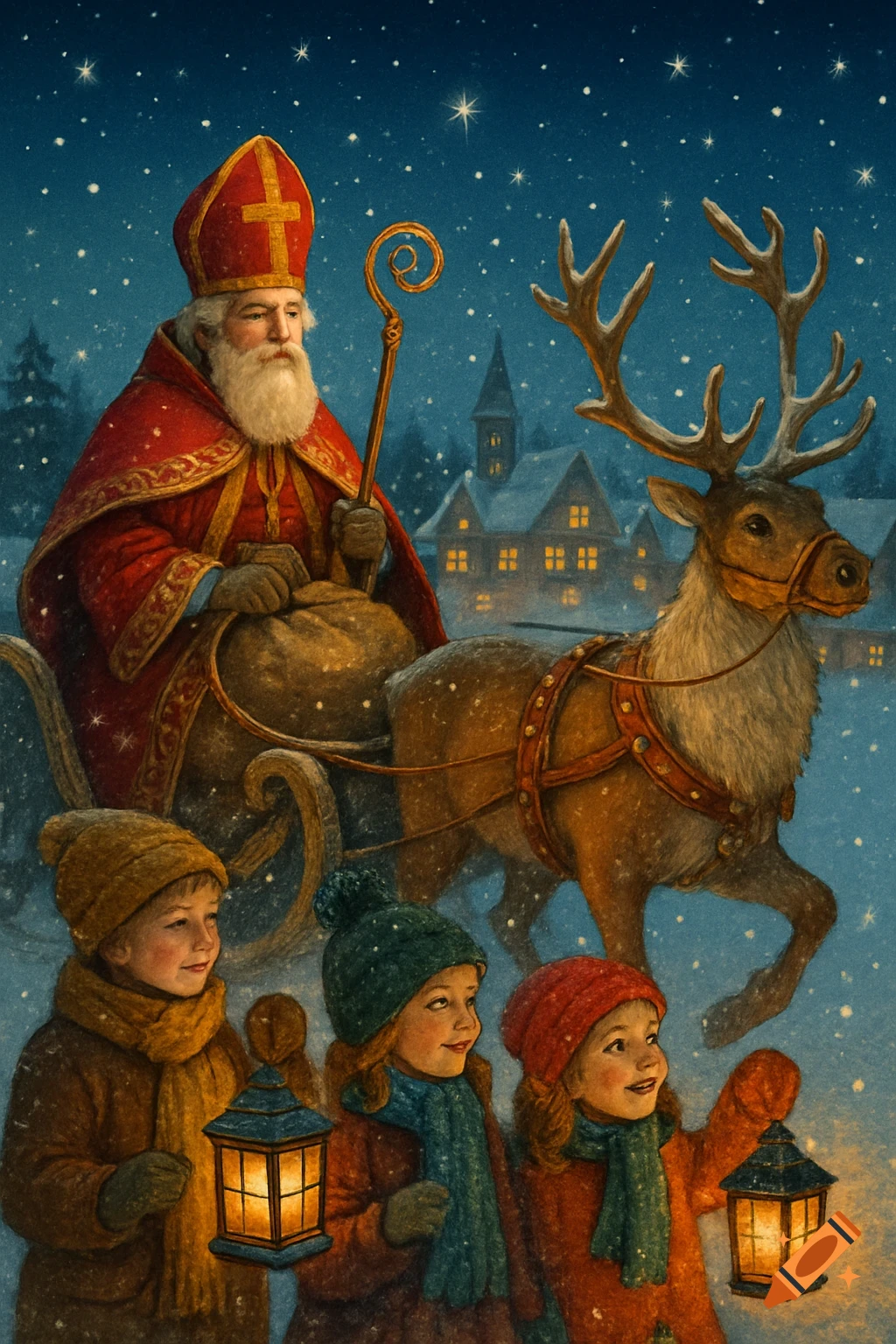A painting of Saint Nicholas in a sleigh pulled by a reindeer, with three children holding lanterns, in a snowy village at night.