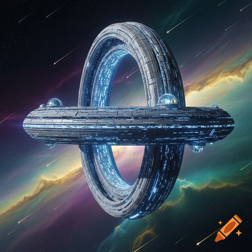 A highly detailed futuristic ring-shaped spaceship with blue glowing lights, orbiting amidst stars, nebulae, and meteors in deep space.