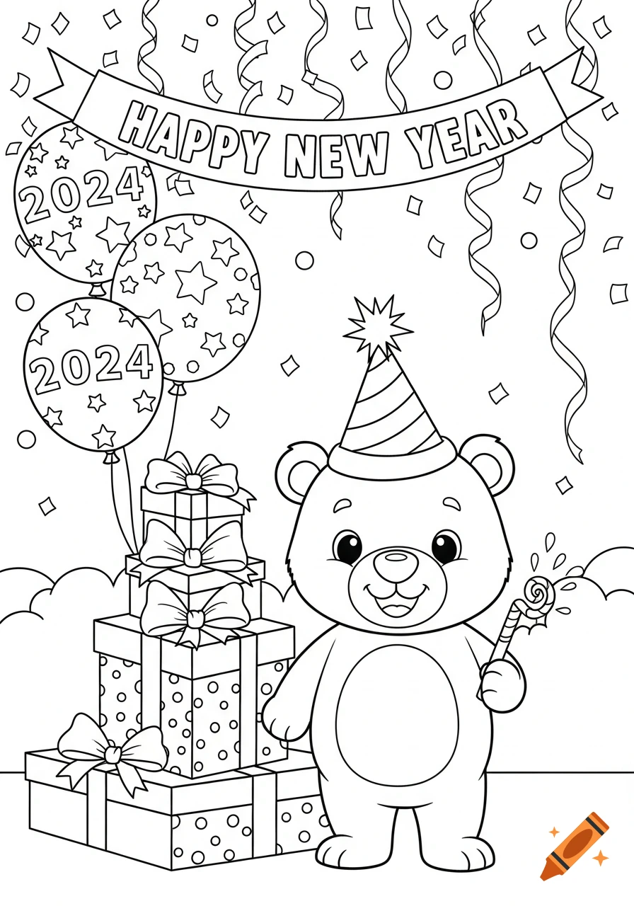 Line art coloring page for New Year's with a cheerful cartoon bear in a party hat, surrounded by gifts, balloons marked 2024, and confetti.