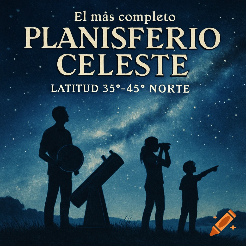 Silhouettes of a man, woman, and child stargazing in a field at night, with a telescope, binoculars, and a celestial chart under a starry sky with the Milky Way visible. Text reads "PLANISFERIO CELESTE".