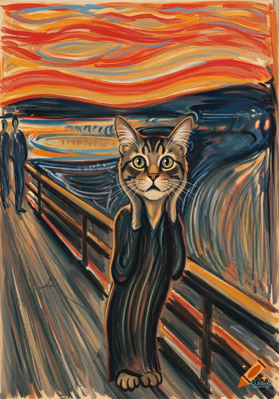 A tabby cat in the style of Edvard Munch's The Scream, standing on a bridge with paws to its face, against a swirling orange and blue sky.