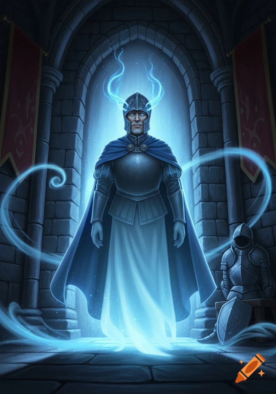 A benevolent medieval ghost in armor and a blue cape, emanating a glowing blue aura, stands in a dark stone archway.