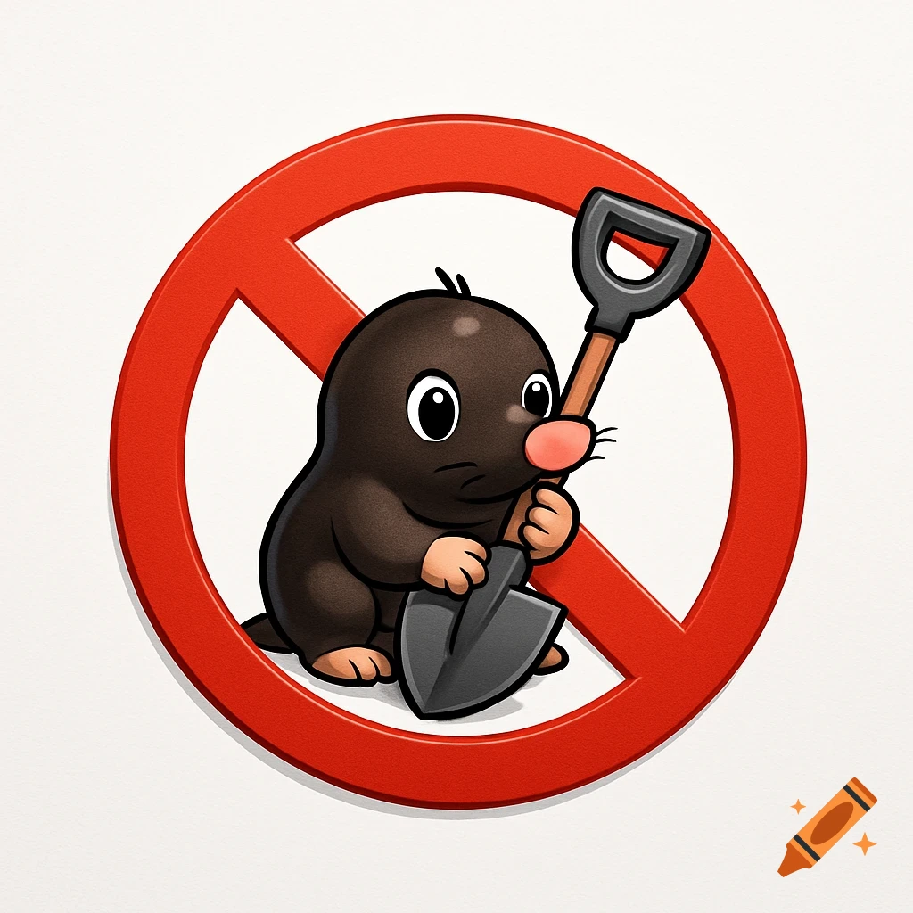 A cartoon mole holding a shovel is depicted inside a red prohibition sign on a white background.