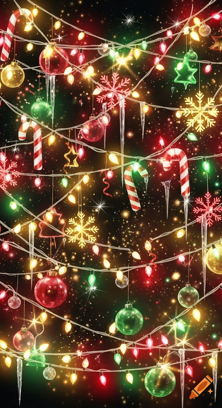 A festive background with colorful Christmas lights, candy canes, snowflakes, and ornaments against a dark, starry sky.