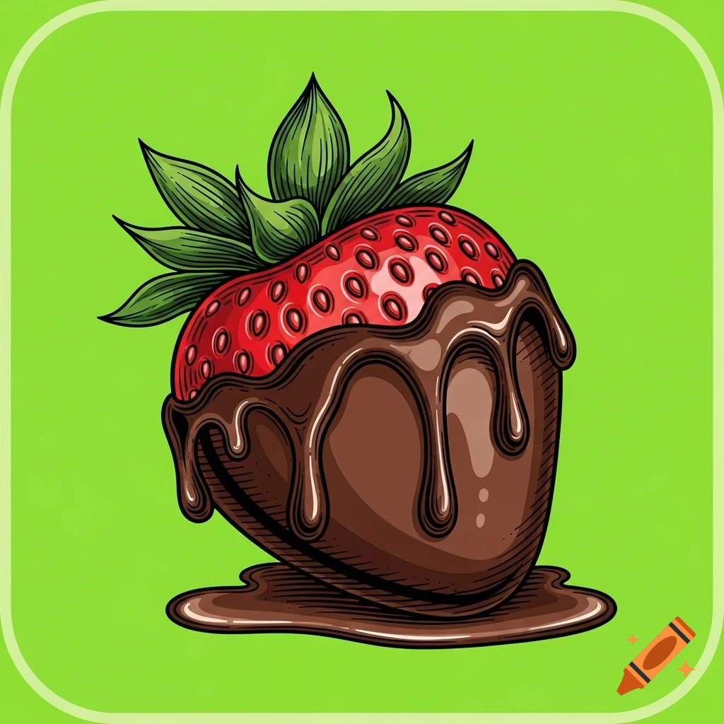 Hand-drawn Victorian engraving illustration of a chocolate-covered strawberry with dripping chocolate, on a bright green background.