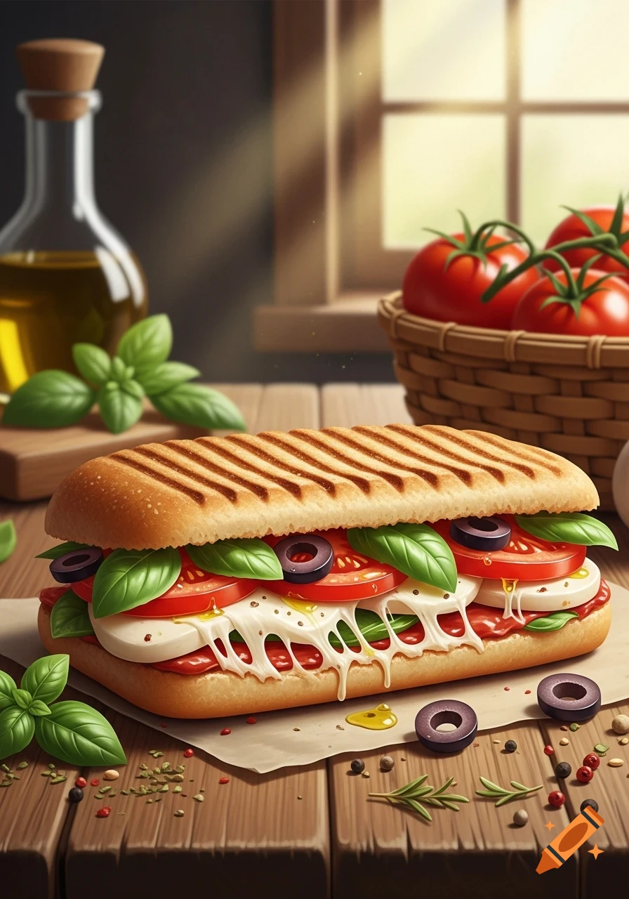 A close-up of a delicious panini sandwich filled with mozzarella, tomatoes, basil, and olives on a wooden table.
