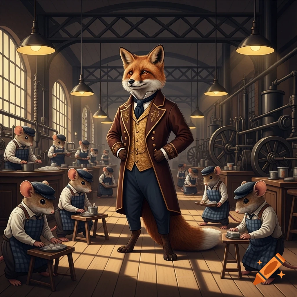 A dapper fox in a suit oversees numerous mice laborers working at tables in a dimly lit, Gilded Age factory setting, digital art.