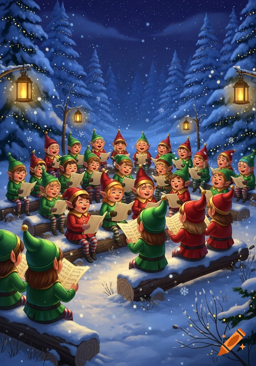 Cartoon elves sing carols in a snowy winter forest under a starry night sky with glowing lanterns.