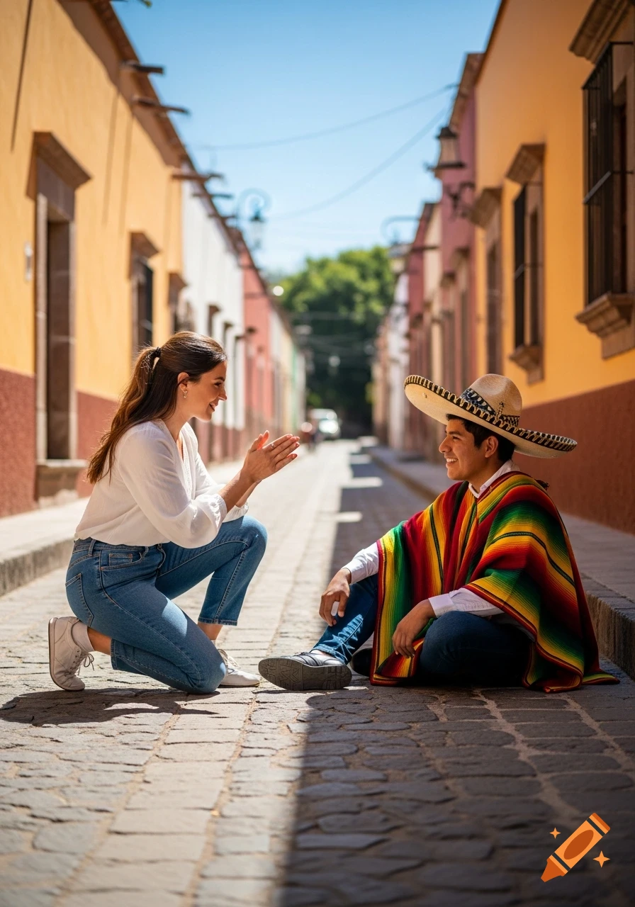 Woman kneels and smiles at a young man in a sombrero and colorful poncho, who sits on a cobblestone street lined with colorful buildings.