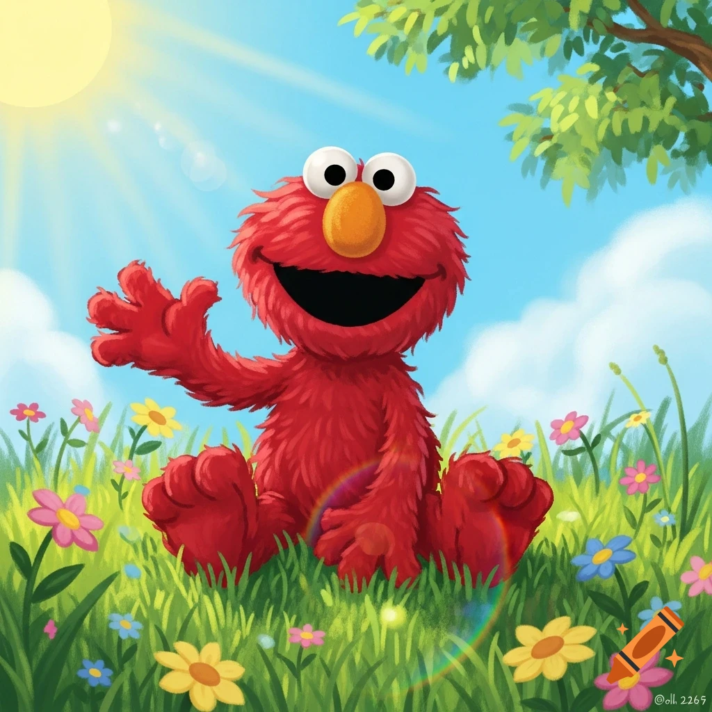 Elmo sits in a vibrant, sunny green field filled with colorful flowers, waving with one hand in a cartoon illustration.