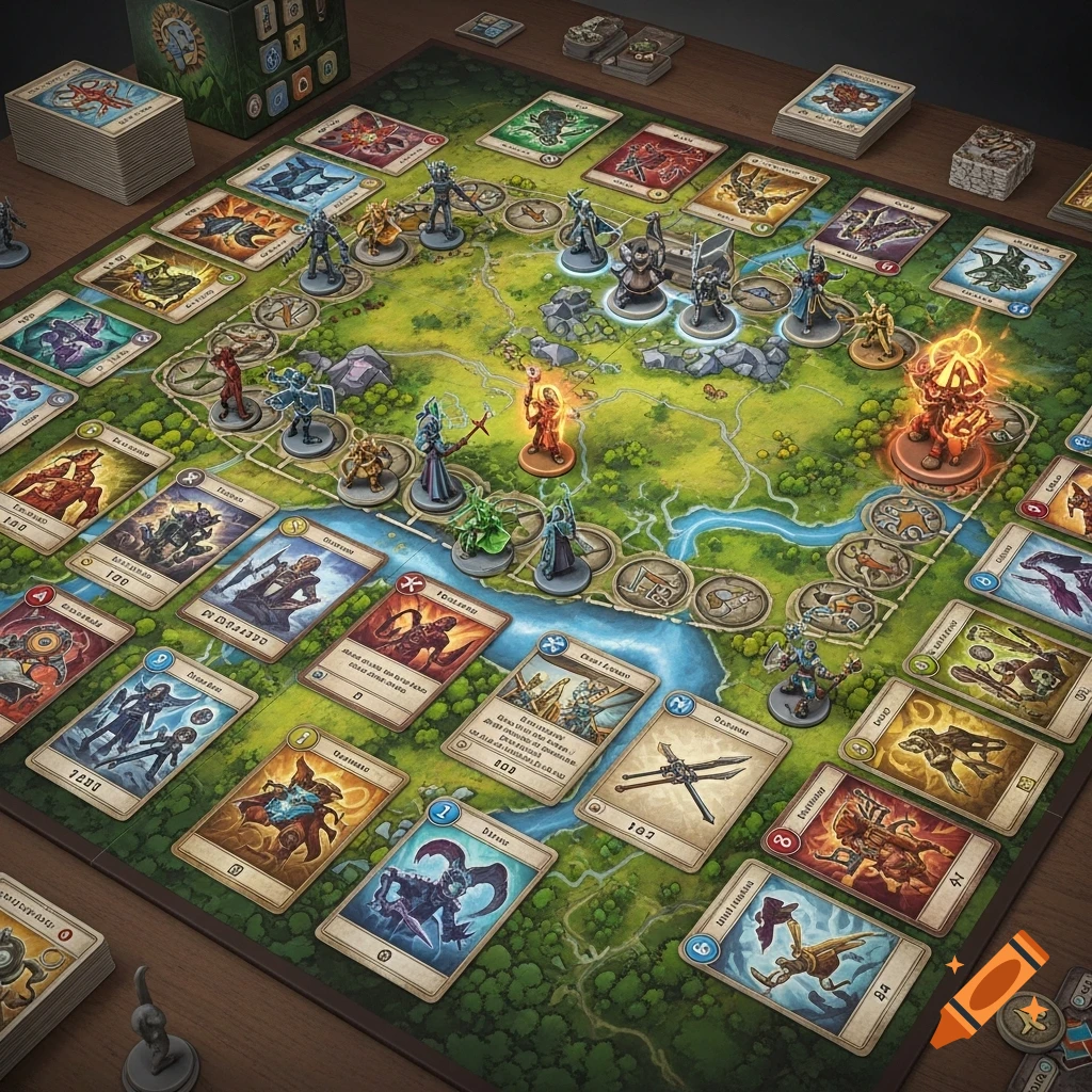 Overhead view of a detailed fantasy board game with miniatures, cards, and a winding path on a green map.