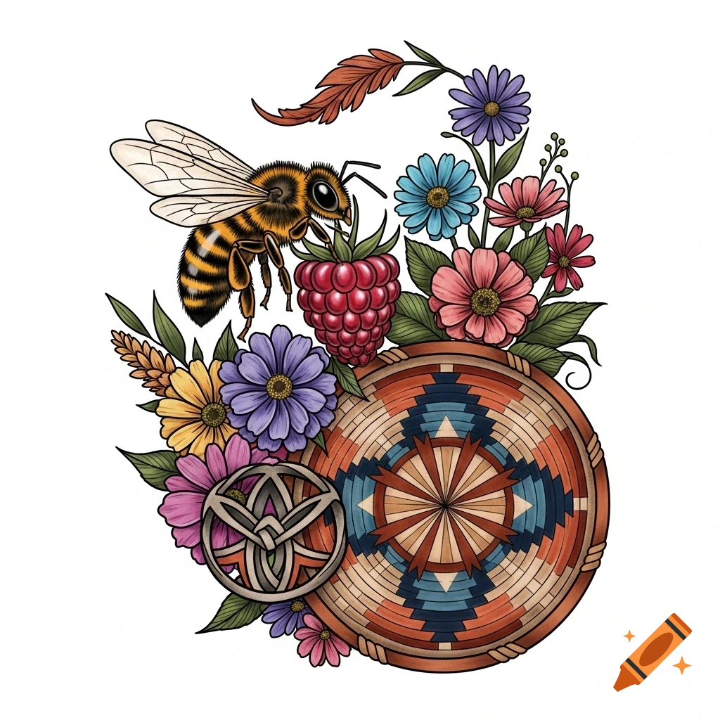 A vibrant tattoo illustration featuring a bee, raspberry, colorful flowers, a Navajo basket, and a knot design.