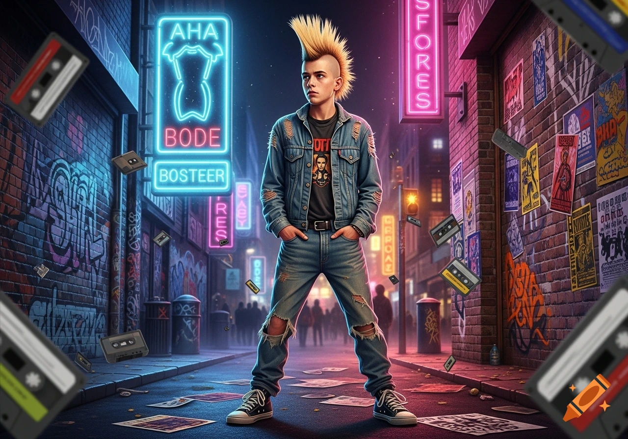 A punk-rock teenage boy with a blond mohawk and ripped denim stands in a neon-lit, graffiti-covered urban alley with floating cassette tapes.