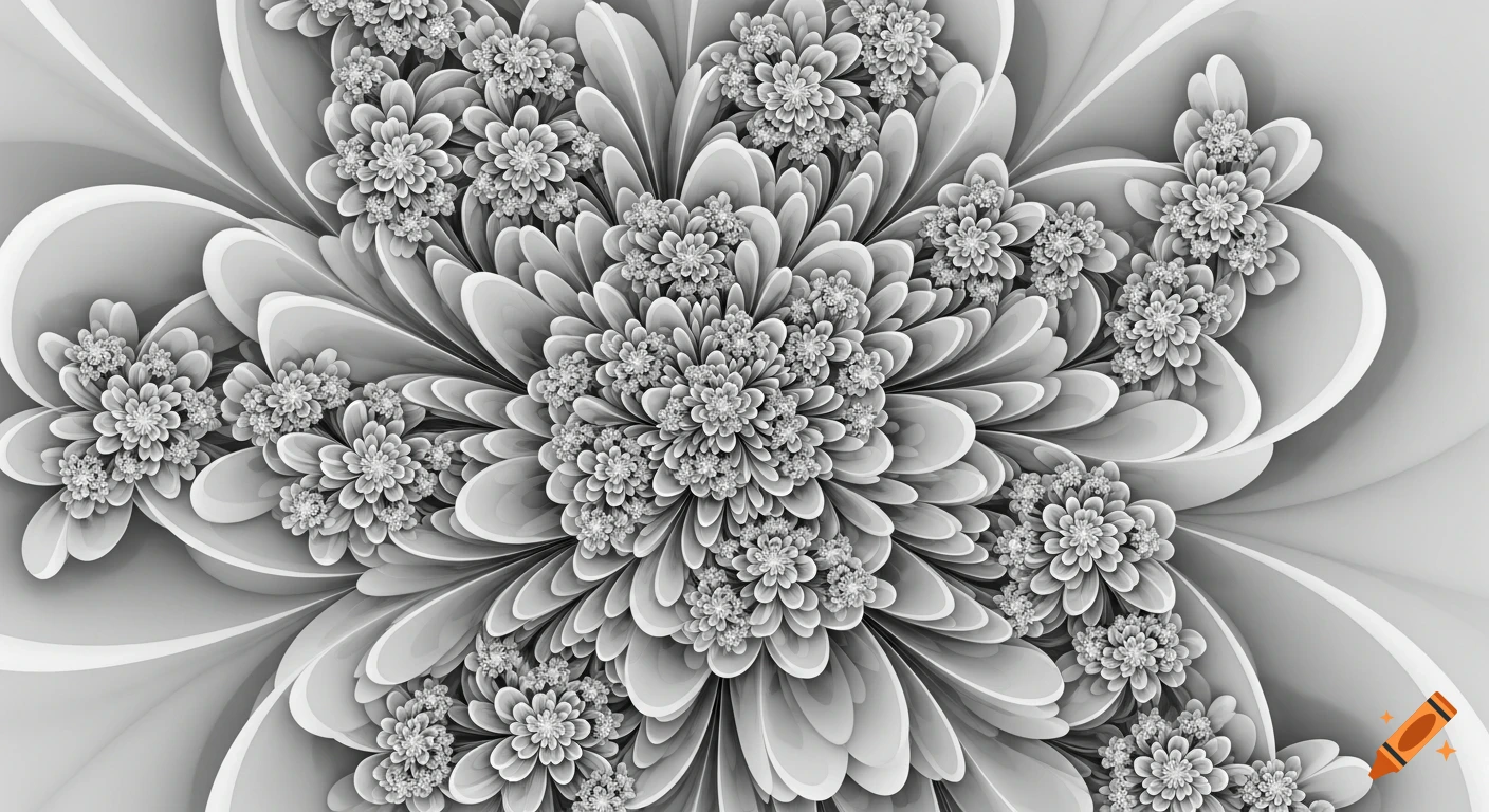 Abstract grayscale fractal patterns forming intricate 3D flowers with many petals, resembling an electron microscope image.