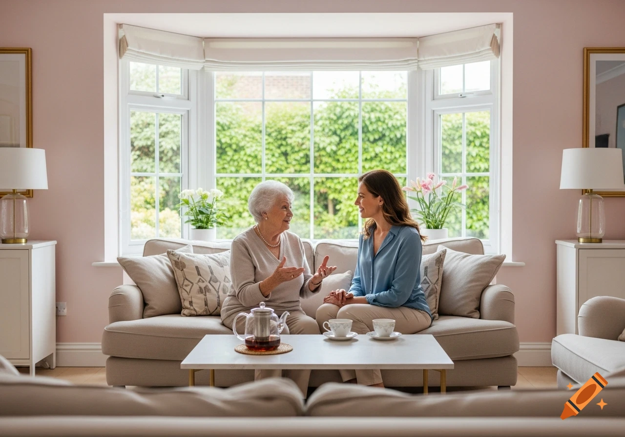 An older woman and a younger woman converse over tea on a beige sofa in a light pink living room with a bay window overlooking a green garden.