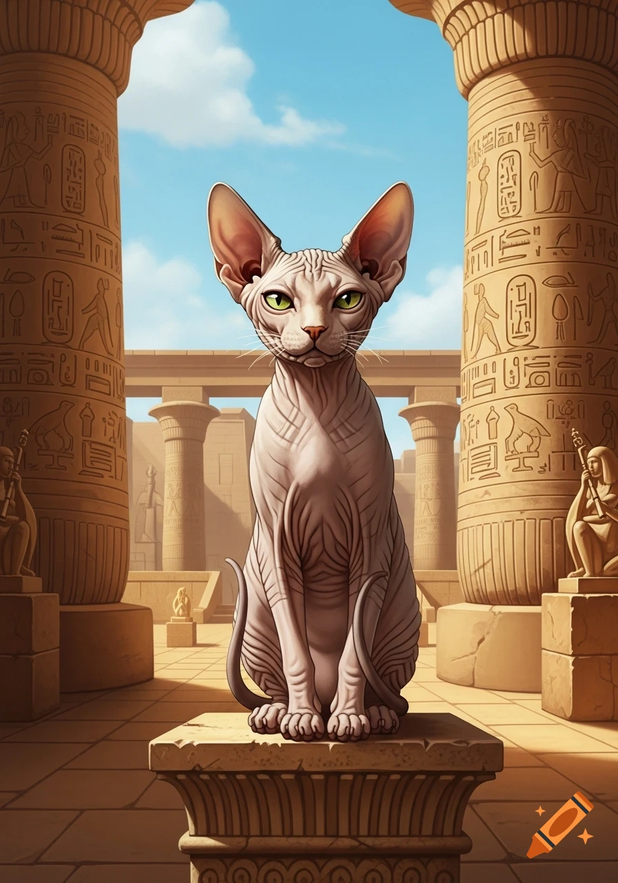 A light-colored Sphynx cat with green eyes sits on a stone pedestal in an ancient Egyptian temple with hieroglyph-covered pillars under a blue sky.