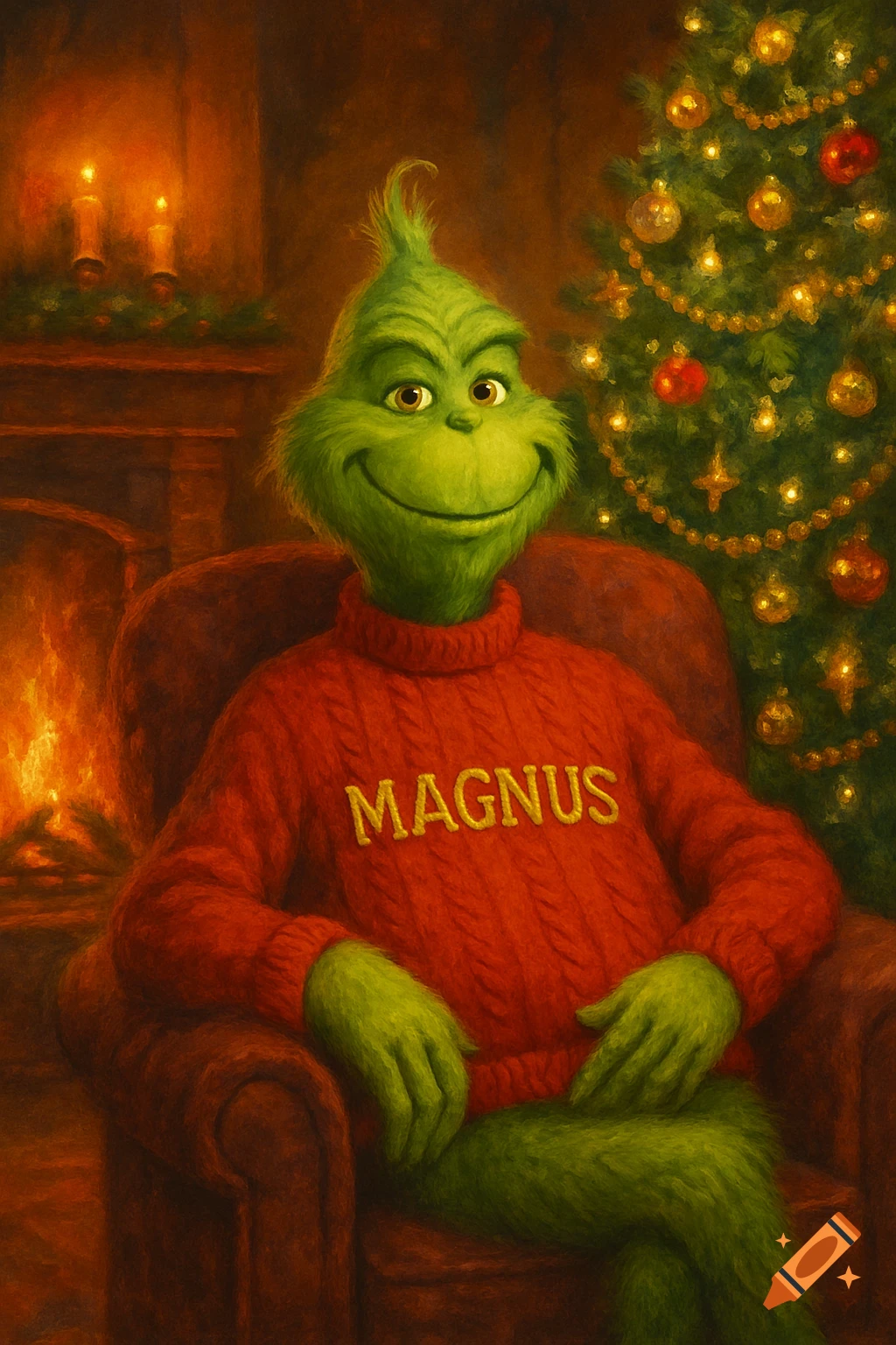 The Grinch in a red MAGNUS sweater smiles in an armchair by a fireplace and decorated Christmas tree, painted style.