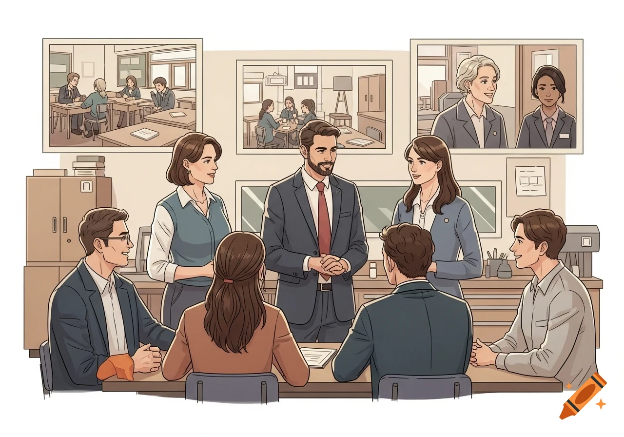 An illustration of diverse school staff meeting in a bright office, with small scenes of classrooms in the background.