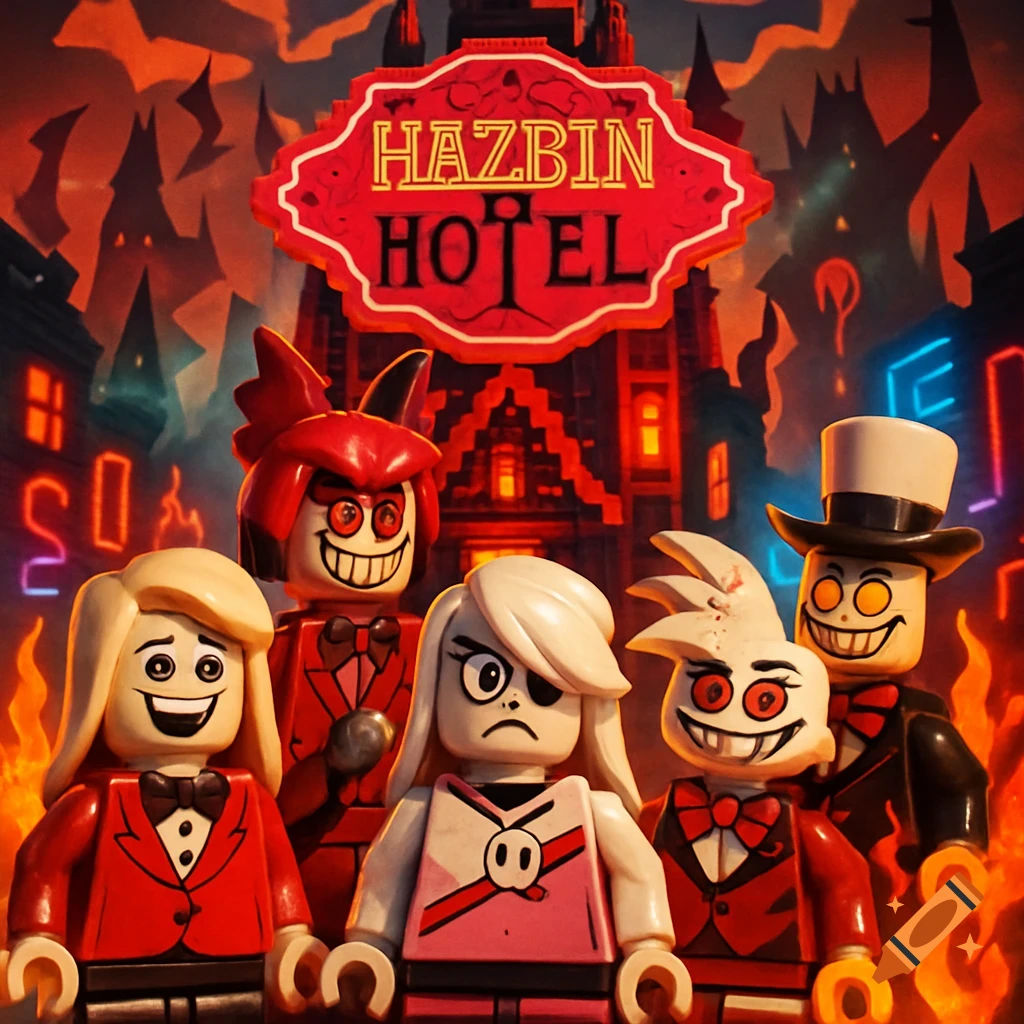 LEGO minifigures of Hazbin Hotel characters pose in front of a red sign that reads 'Hazbin Hotel' with a dark, fiery city background.