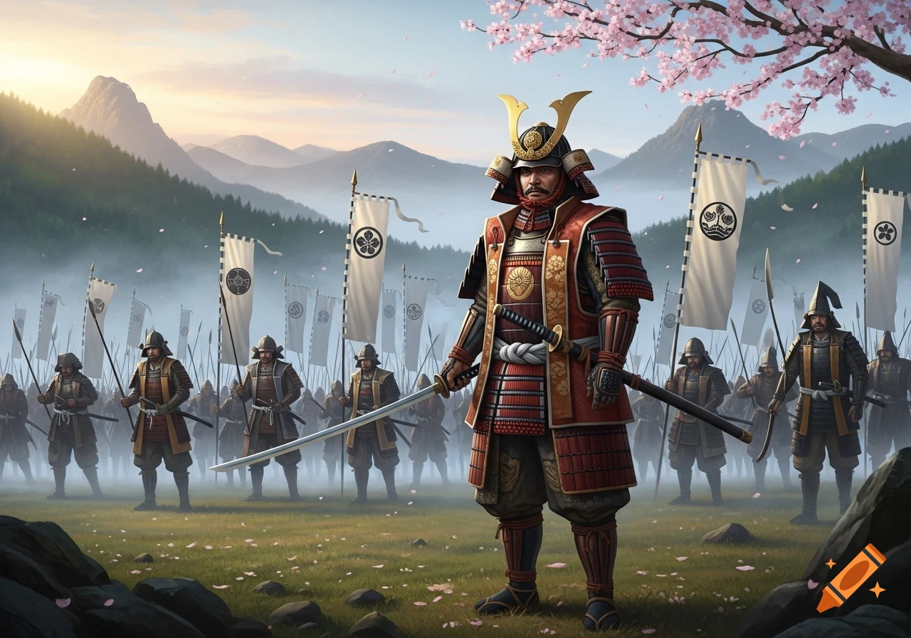 A proud Japanese samurai warrior in red and gold armor stands with his katana in a field. Behind him, an army of samurai with white flags bearing crests stands ready amidst a misty mountainous landscape with cherry blossoms.