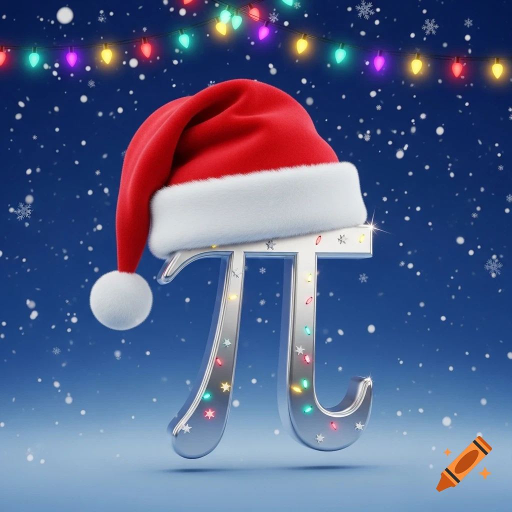 A metallic Pi symbol wears a red Santa hat, adorned with colorful Christmas lights, against a snowy blue background.