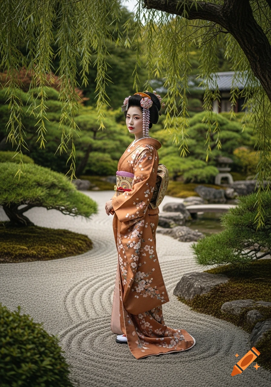 A Japanese woman in a detailed orange floral kimono and traditional hair ornaments stands in a tranquil rock garden with weeping willows.