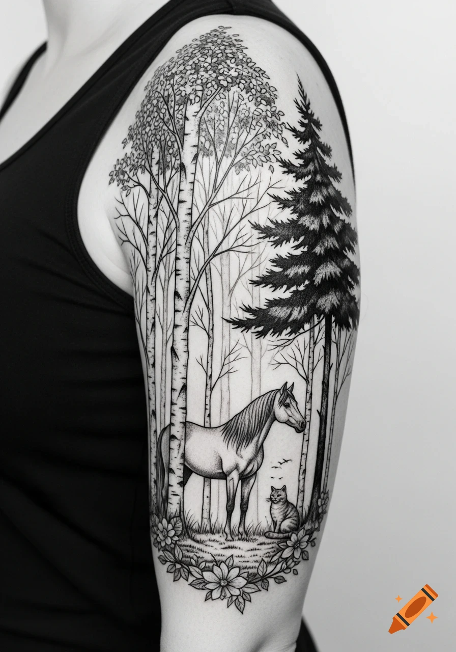 Black and white tattoo on an upper arm featuring a forest scene with birch trees, a horse, a cat, and flowers.