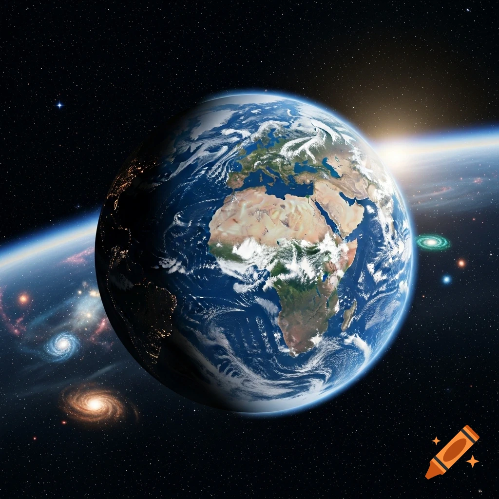 Photorealistic image of Earth from space, with sunrise, stars, and distant galaxies.