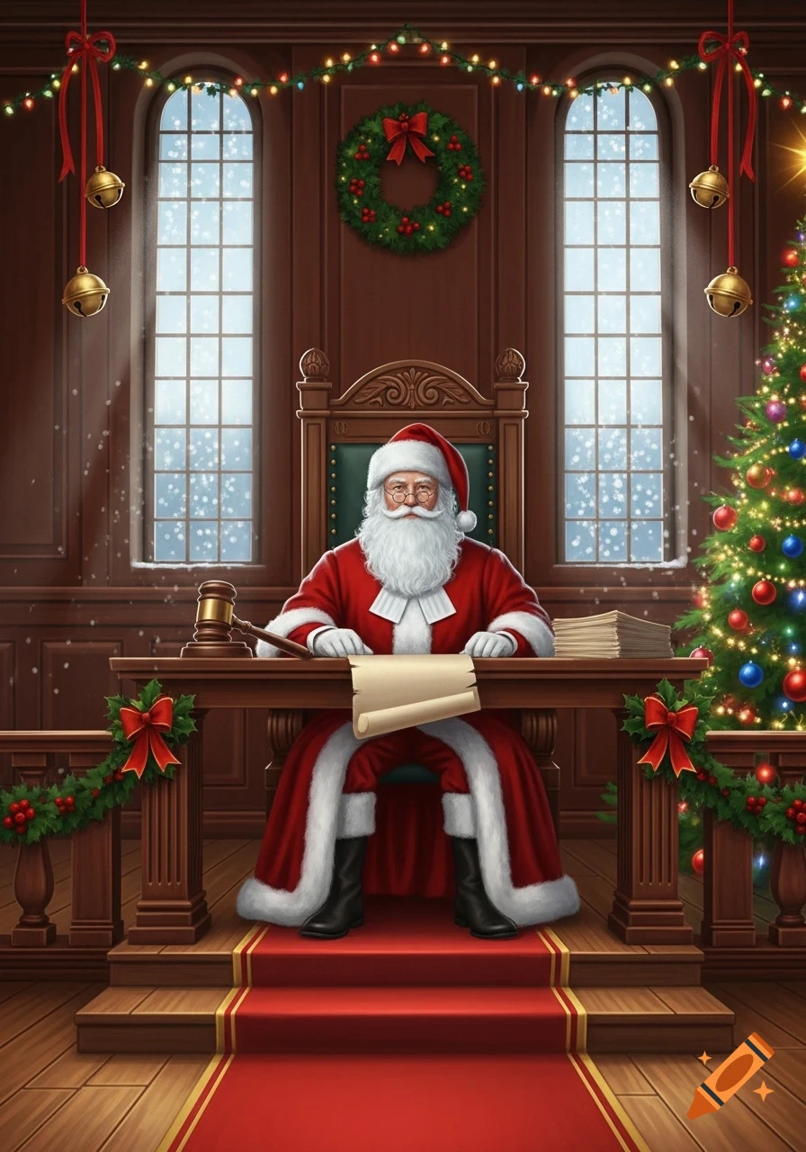 Santa Claus, dressed as a judge, sits at a wooden bench in a festive courtroom with snowy windows and a Christmas tree.