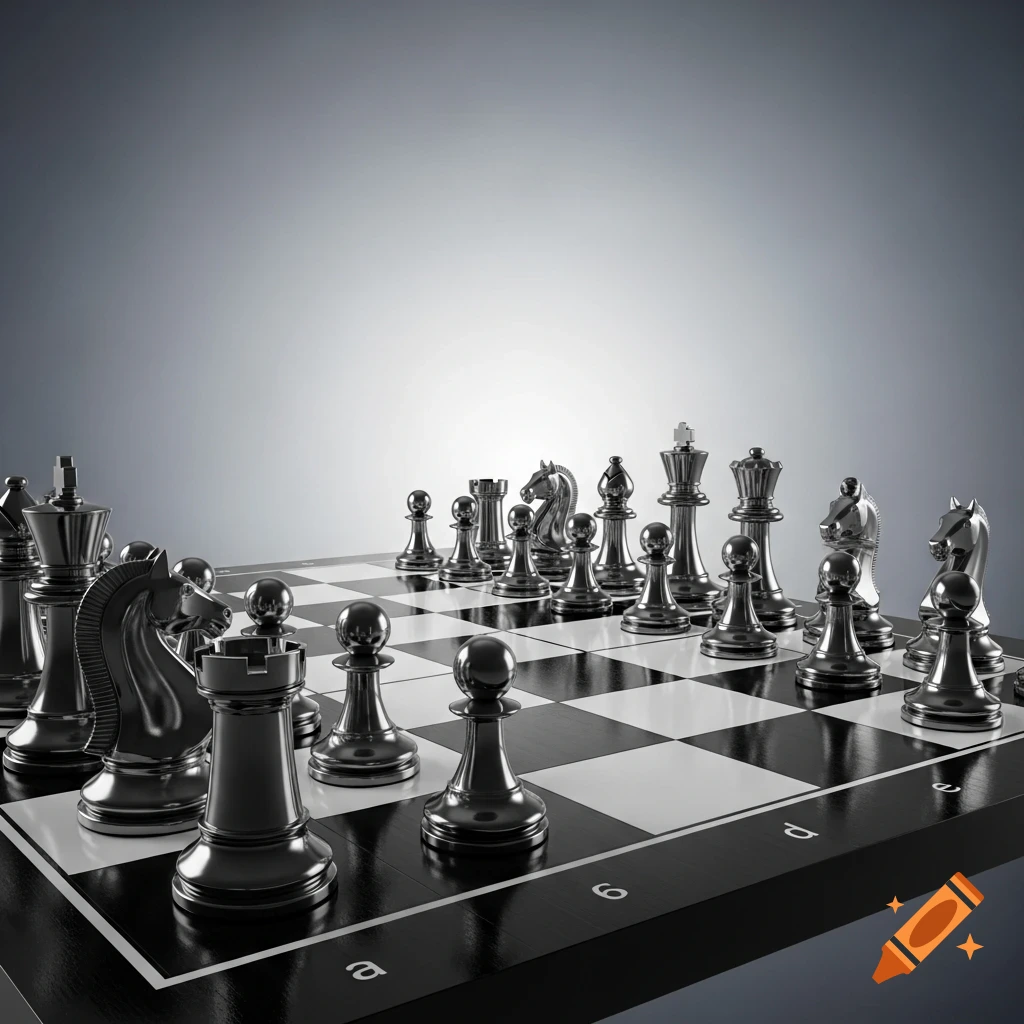 A graphic image of a chessboard with metallic black and silver chess pieces set up on a black and white board, with file and rank notations visible.
