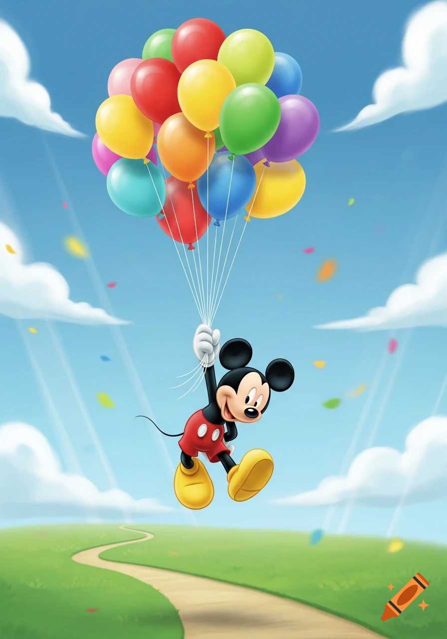 Mickey Mouse floats above a grassy path, carried by a large bunch of colorful balloons in a blue sky with scattered confetti.