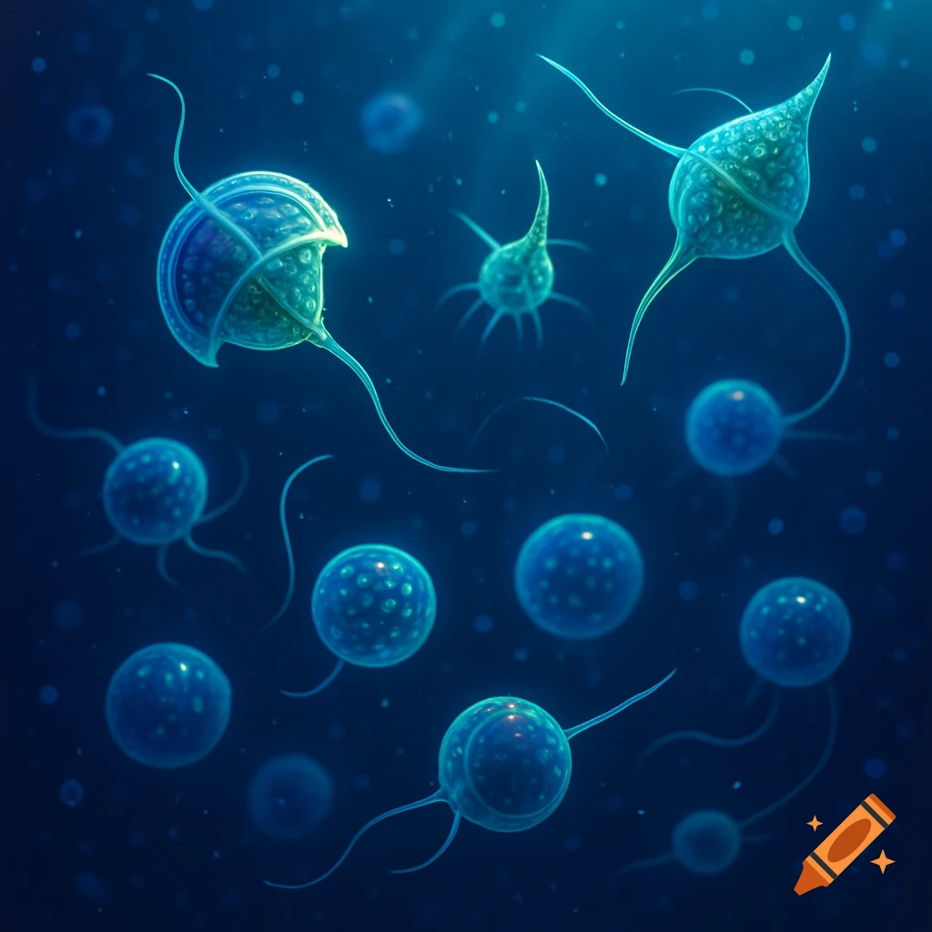 Bioluminescent dinoflagellates and various microscopic cells float in deep blue water with light rays filtering from above.