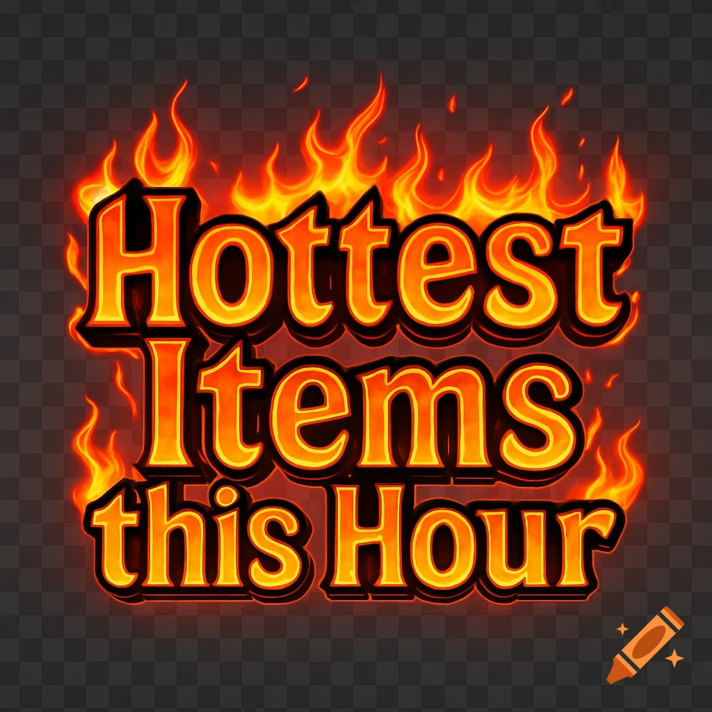 Flaming text reads 'Hottest Items this Hour' with a transparent background and black outlines.