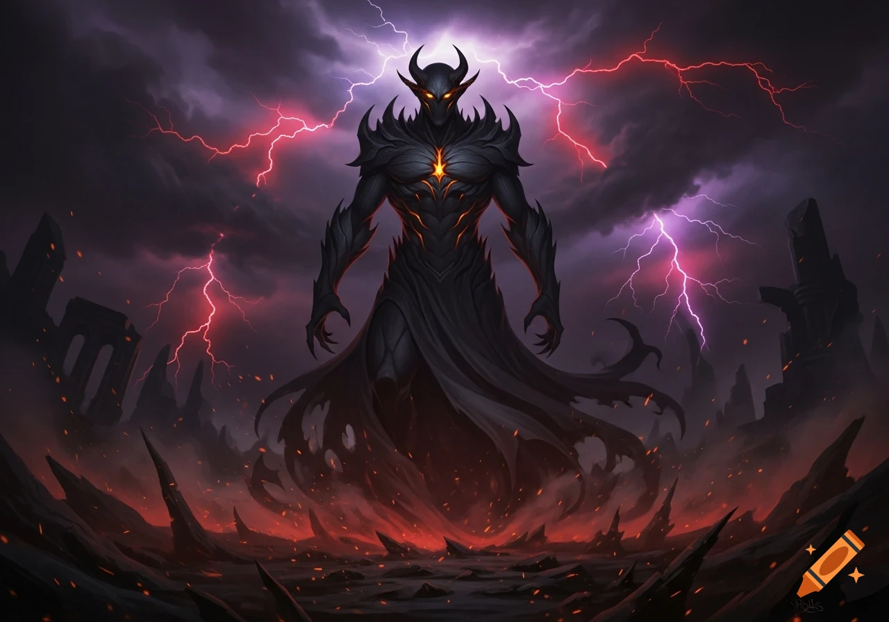 A dark, horned demon-like figure with glowing eyes and chest stands in a fiery, stormy landscape with red lightning and ruined structures.