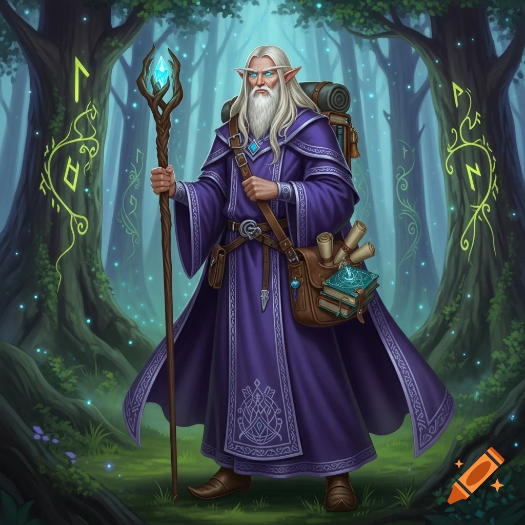 An old, white-bearded male elf wizard with glowing blue eyes, wearing a purple robe and carrying a staff and satchel, stands in a magical forest with glowing runes.