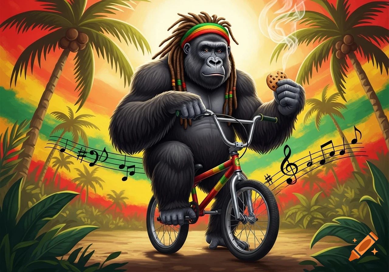 An illustrated gorilla with dreadlocks and a Rastafari headband rides a BMX bike while holding a cookie, set against a vibrant Rasta-colored background with palm trees and musical notes.