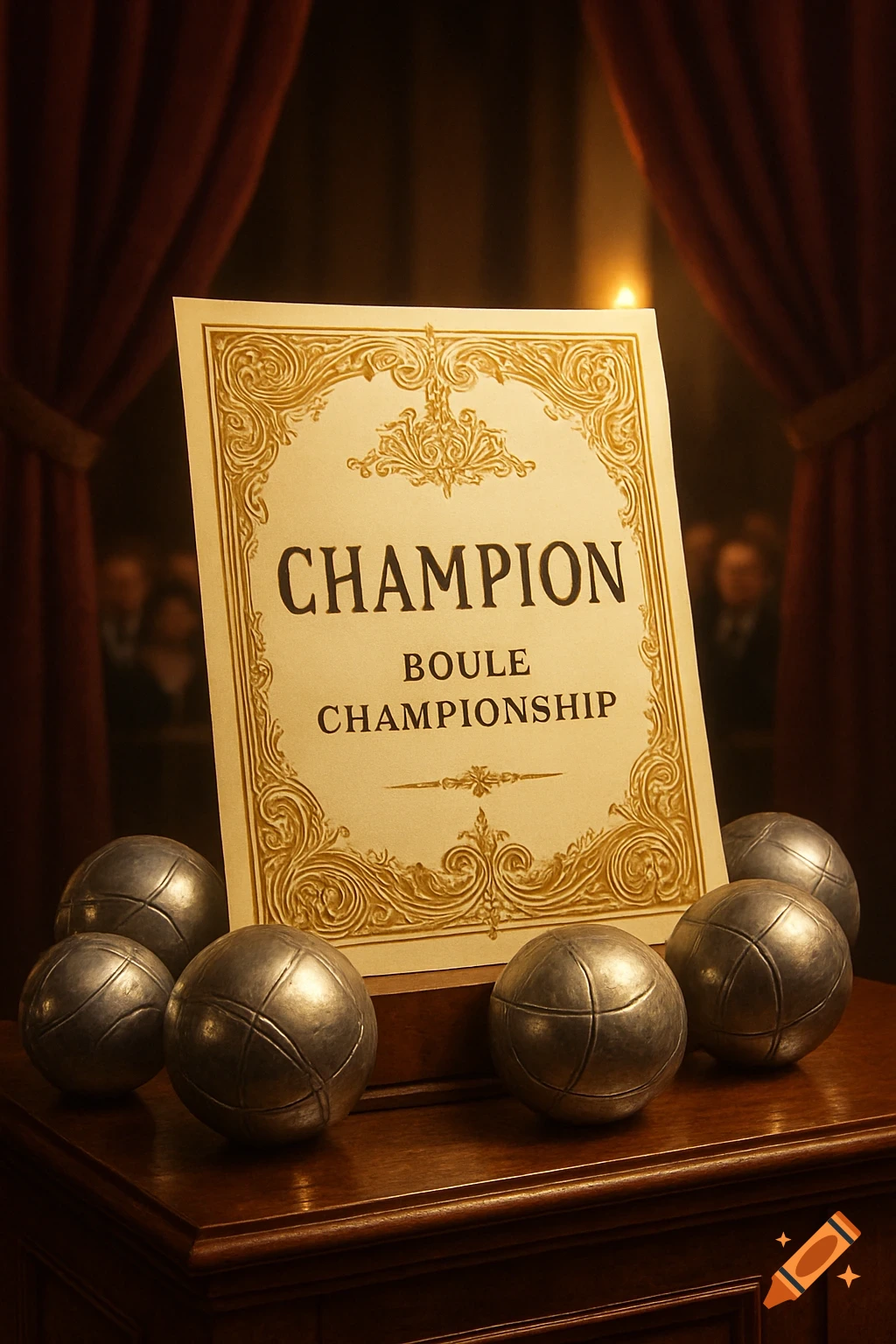 A close-up of a 'CHAMPION BOULE CHAMPIONSHIP' certificate with metallic boule balls on a wooden table, red curtains behind.