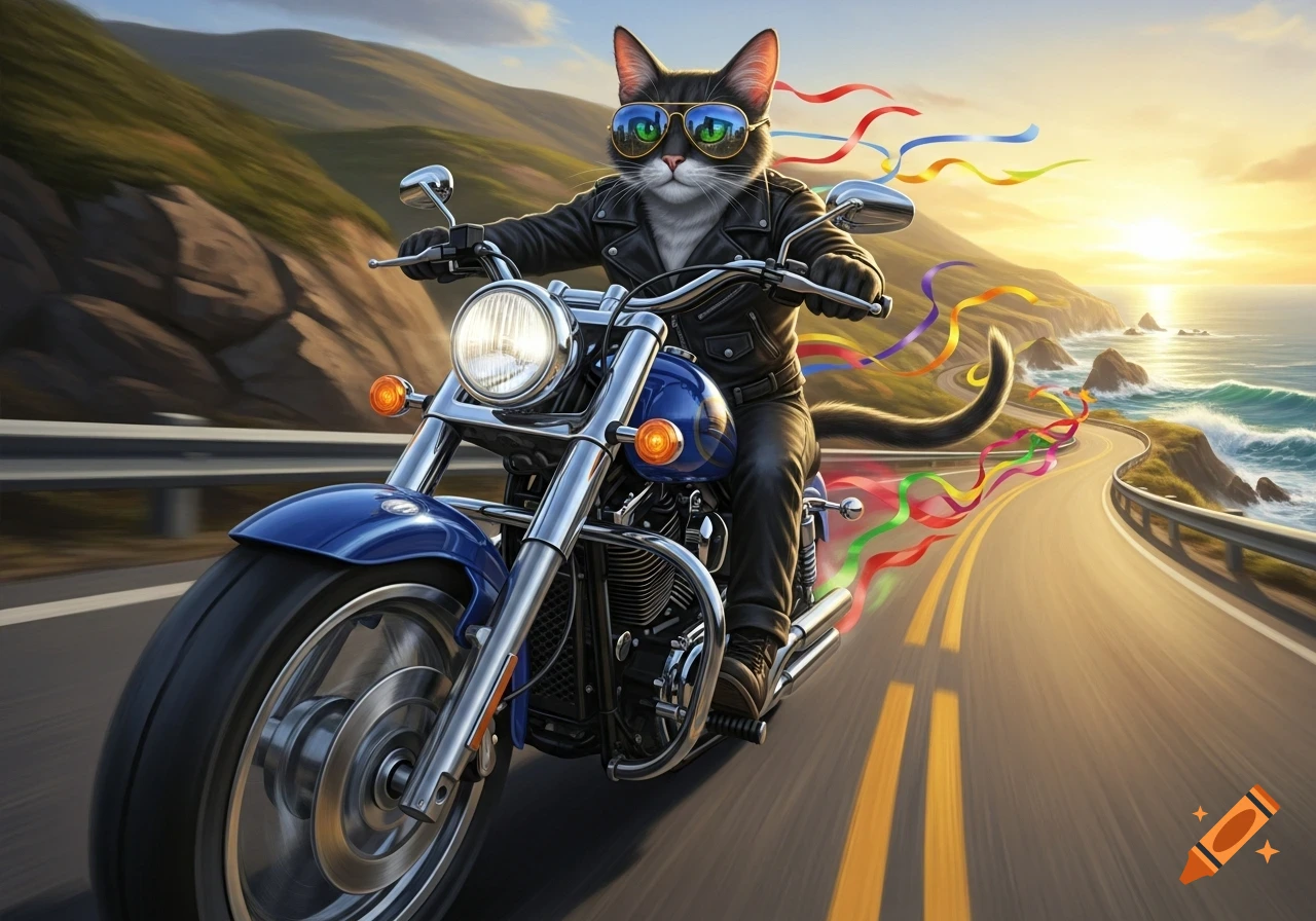 A grey cat in sunglasses and a leather jacket rides a blue motorcycle on a winding coastal road at sunset, with colorful ribbons trailing.
