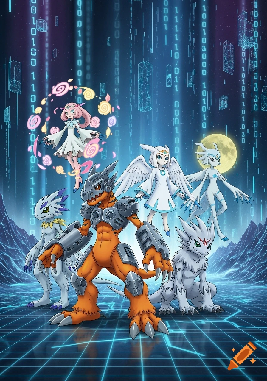 Several Digimon-like creatures including an orange armored monster and white winged figures stand on a digital grid with binary code in the background, in an anime style.