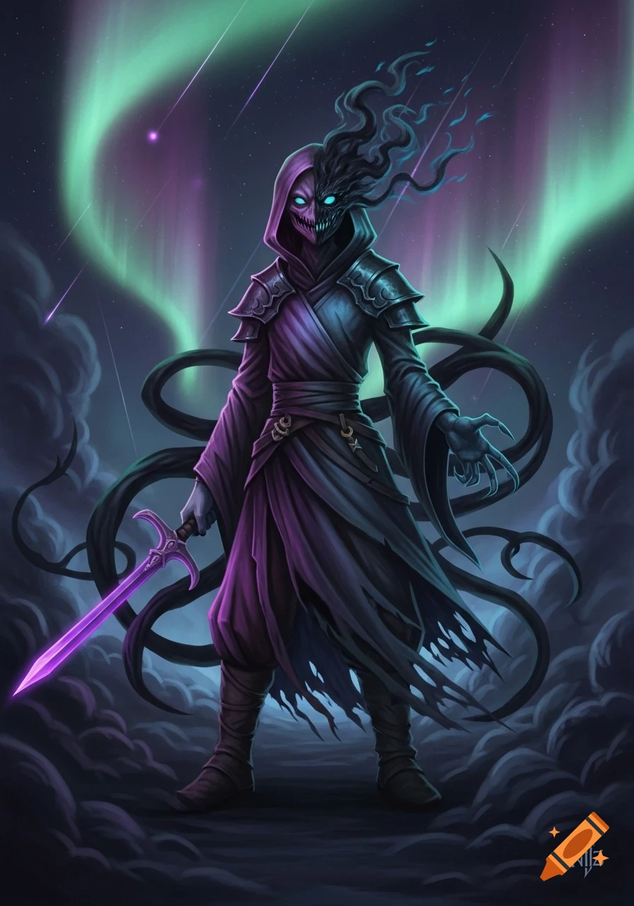 A shadowy, hooded figure with a skull face, glowing blue eyes, and tendrils, holds a glowing purple sword under an aurora-lit night sky.