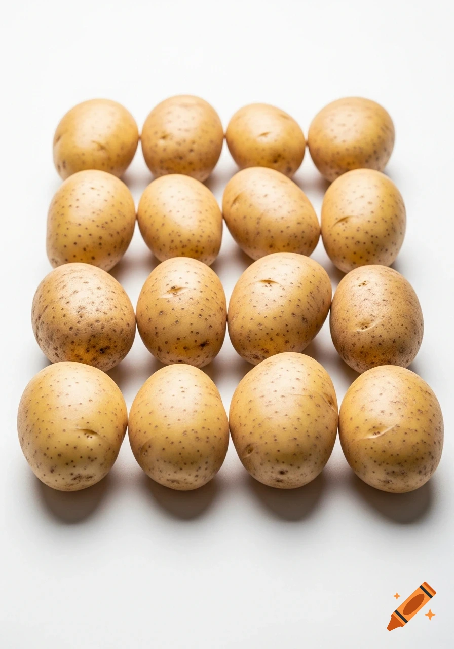 Sixteen light brown potatoes arranged in rows on a white background.