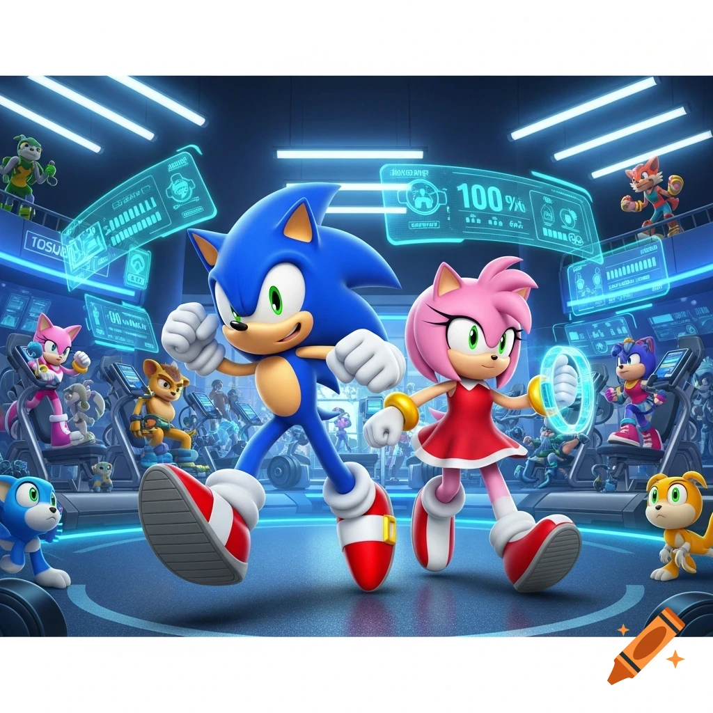 Sonic and Amy Rose in a futuristic gym, surrounded by other characters working out, rendered in a vibrant 3D animated style.