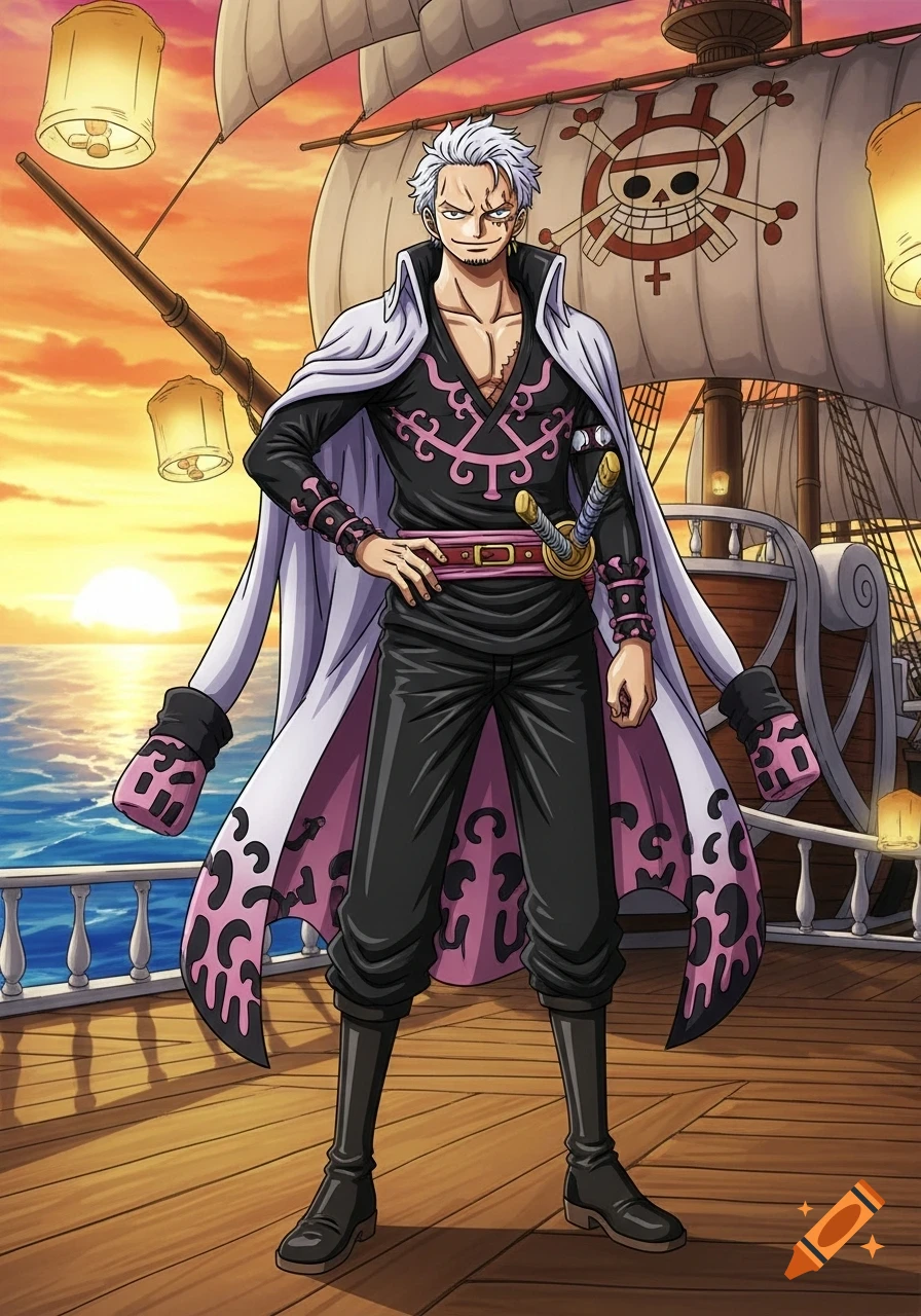 A handsome male anime character with white hair and a scar, dressed in a black and pink pirate outfit, standing on a ship at sunset.