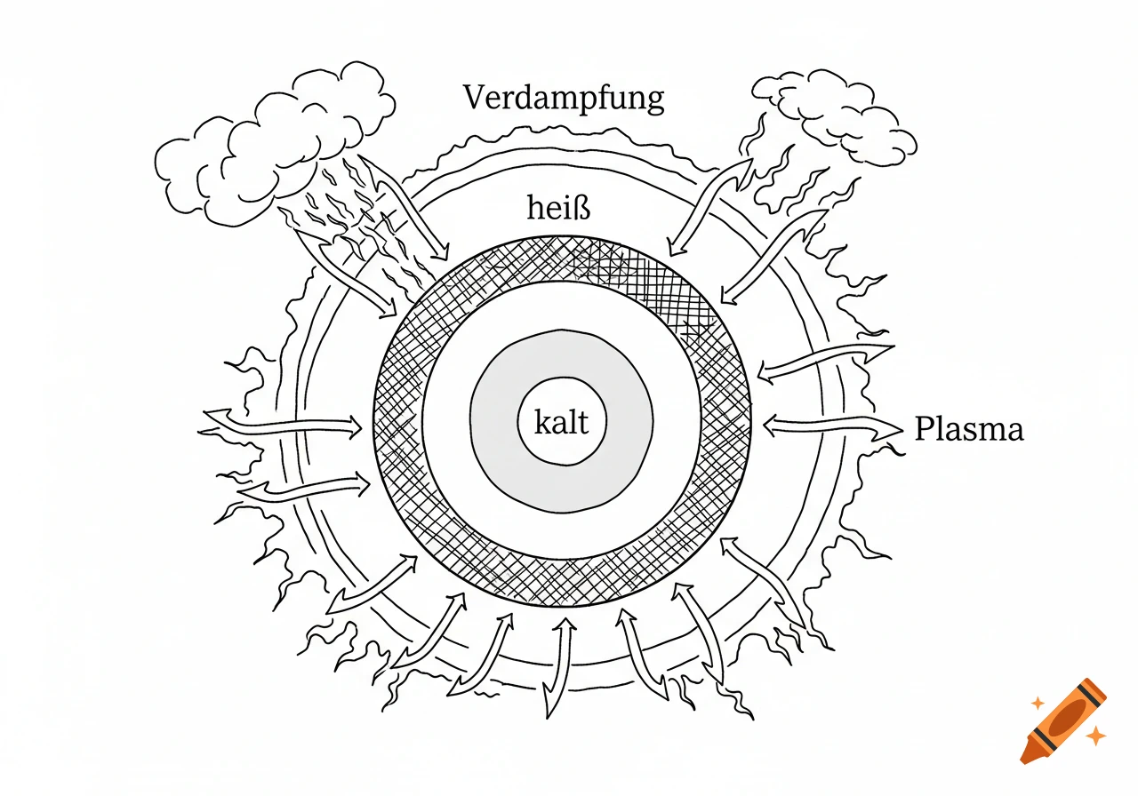 Black and white sketch diagram of a layered sphere, labeled "Verdampfung", "heiß", "kalt", and "Plasma", with arrows for heat transfer.