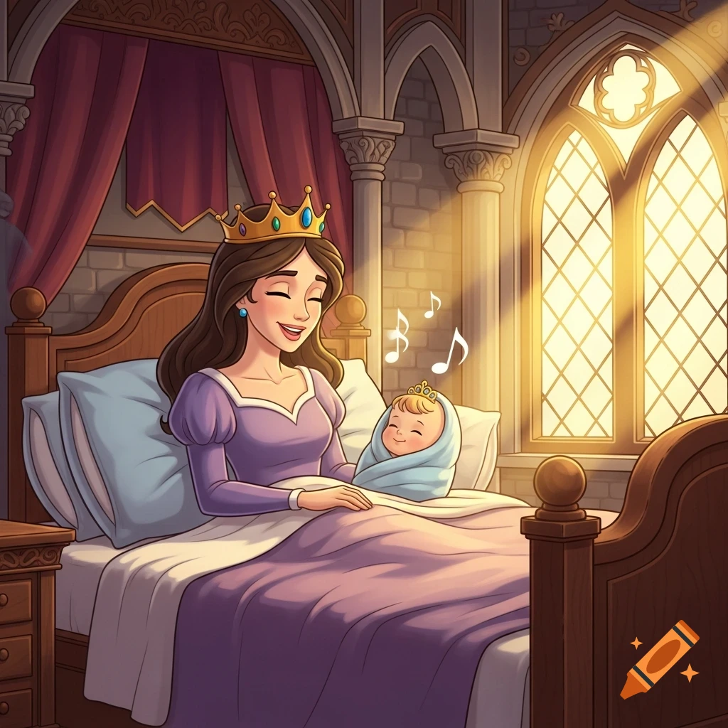 Cartoon illustration of a queen in a cozy bed singing a lullaby to her baby princess in a sunlit castle room.